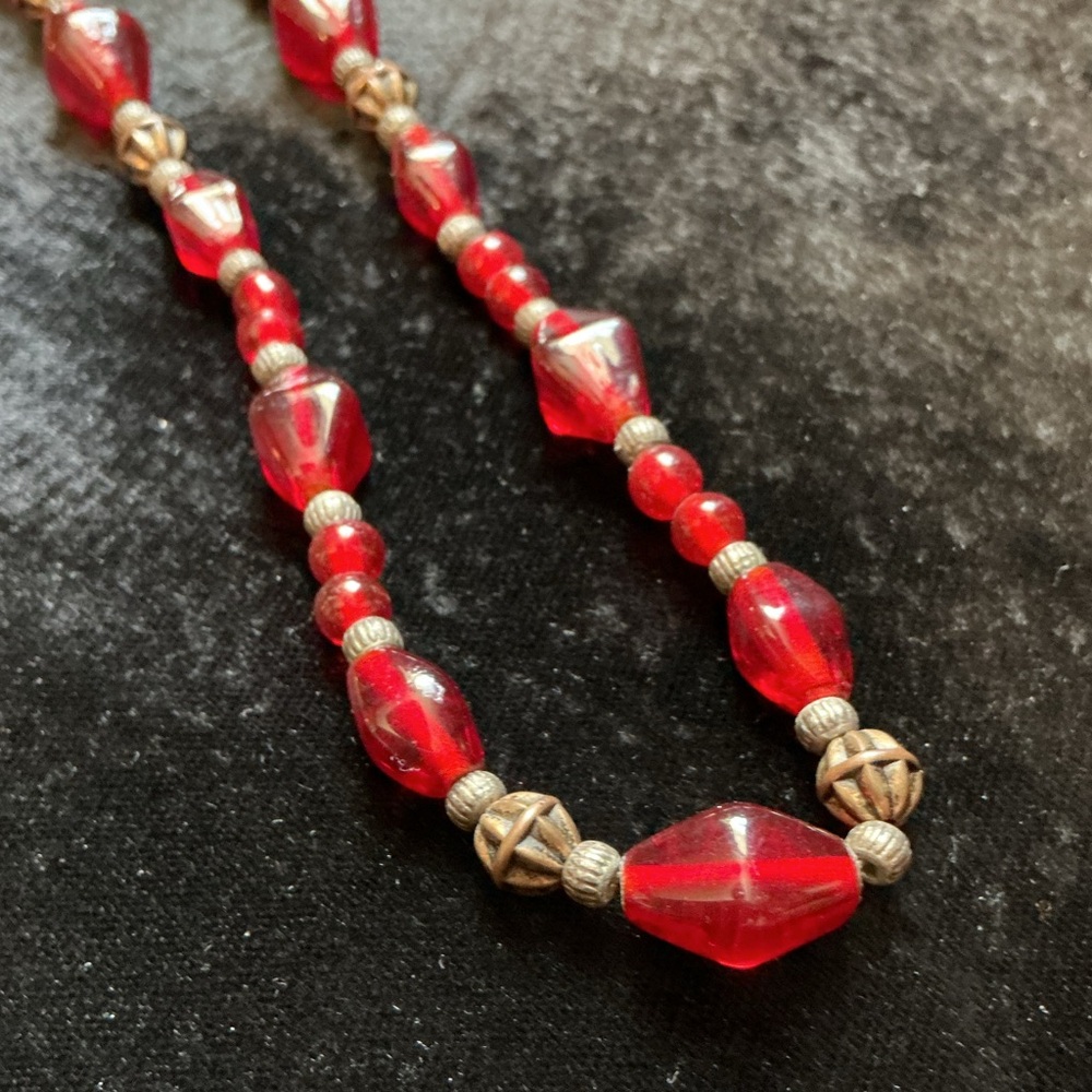 3 for $15 Salt-fired glass red beaded necklace